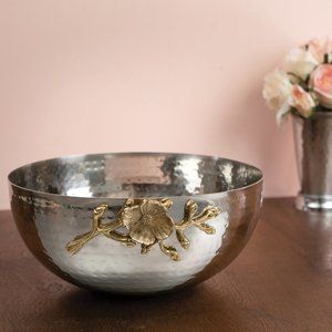 Silver Bowl with Gilded Flowers Stainless Steel